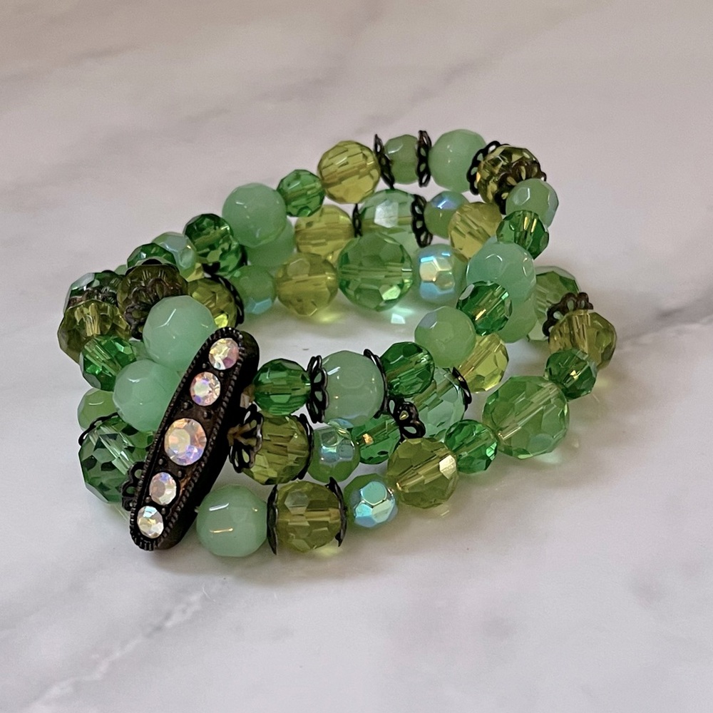 🌸3/$25 Vintage Triple Strand Green Beaded Rhinestone Stretch Bracelet Faceted - Picture 14 of 16